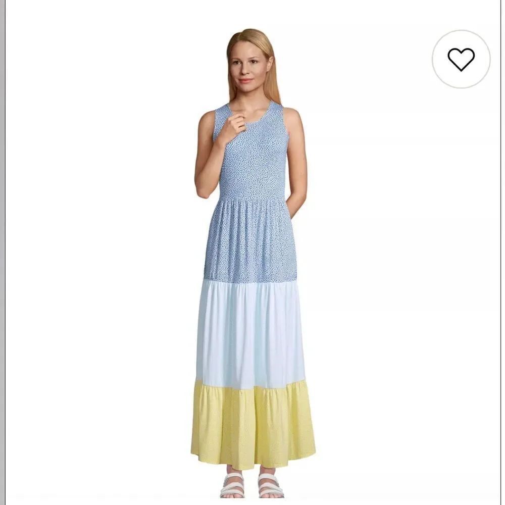 Lands' End Blue, yellow and White Tiered Sleeveless Maxi Dress size Small.